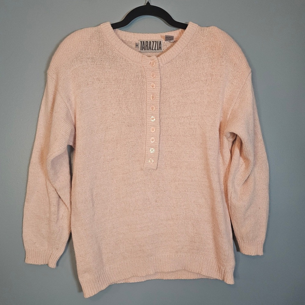 Vintage Tarazzia‎ Women's Pink Knit Henley Button Up Angora Blend Sweater Size M